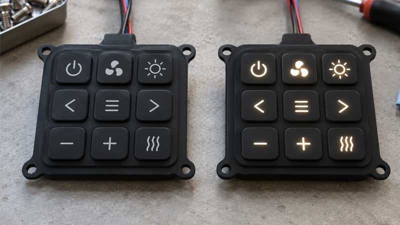 Matching backlit silicone keypads show readable legends with the lighting on and off
