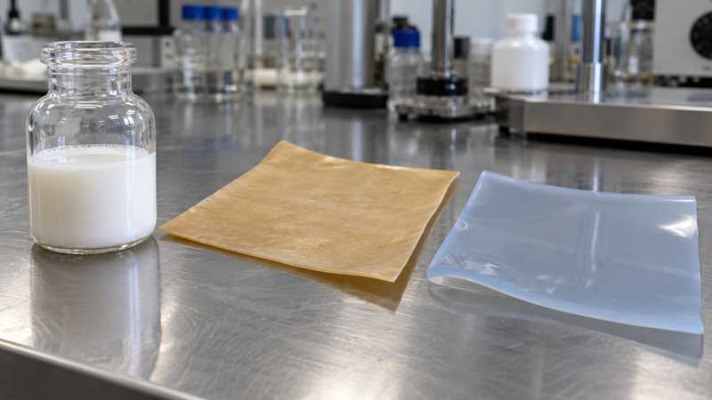 Natural rubber latex in a jar beside cured natural rubber and silicone rubber sheets