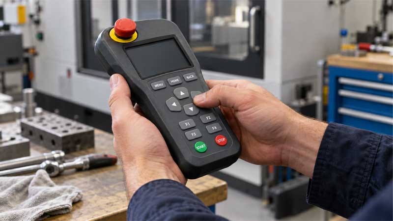 Operator presses labeled silicone keys on a handheld controller with a plastic housing