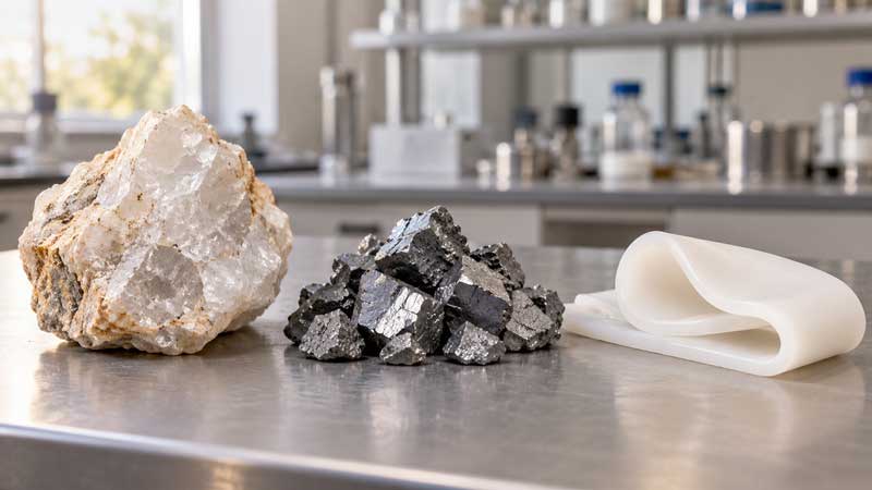Quartz silicon fragments and a white silicone strip rest on a materials worktable