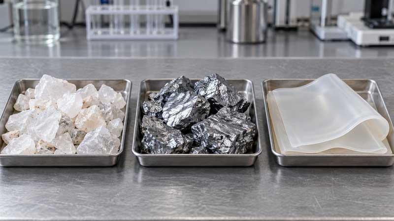 Quartz silicon metal and a silicone rubber sheet sit in separate laboratory trays