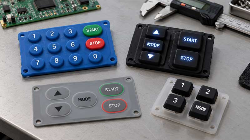 Several silicone keypad types arranged on an industrial design bench