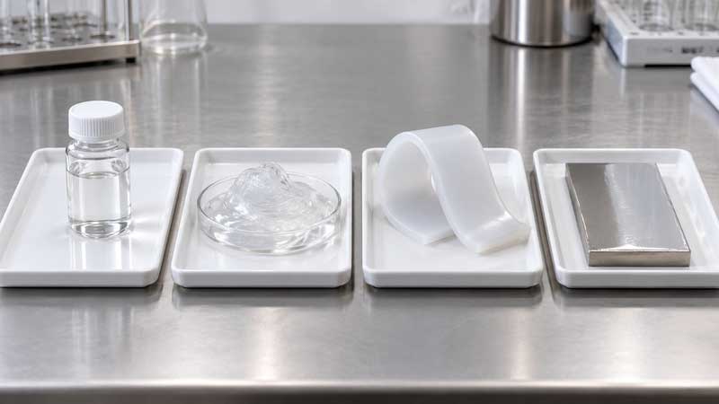 Silicone fluid gel rubber and a glossy coated coupon sit on laboratory trays