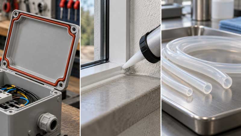 Silicone gasket sealant and tubing appear in separate application scenes