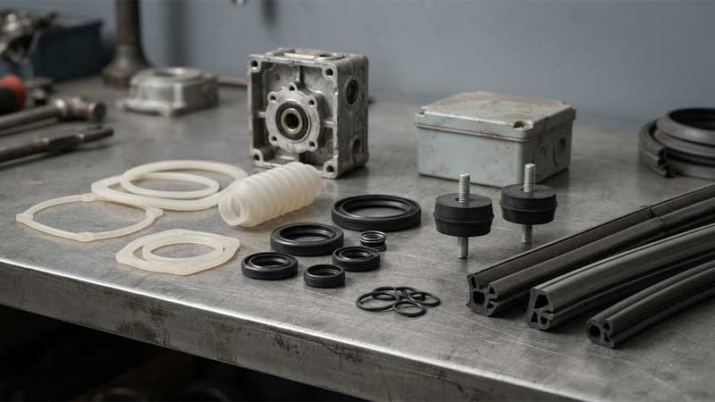 Silicone gaskets black NBR oil seals natural rubber vibration mounts and EPDM weatherstripping arranged on an industrial workbench