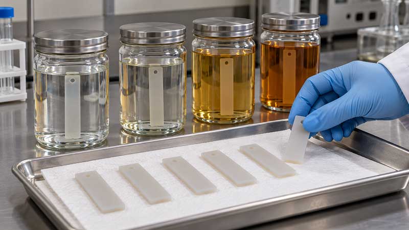 Silicone rubber coupons sit in fluid immersion jars beside a laboratory tray