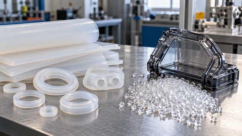 Silicone sheets and seals beside TPU pellets and a molded protective cover on a factory workbench