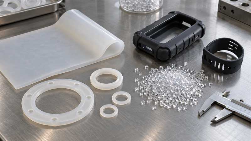Silicone sheets and seals compared with TPU pellets and protective parts on a materials testing bench