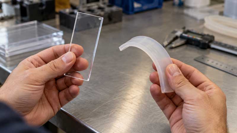 Technician holds a straight PETG sample beside a curved silicone strip
