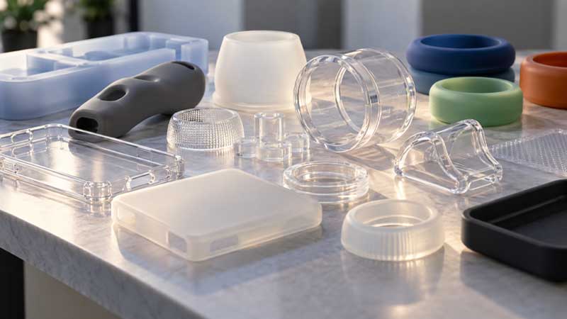 Transparent and colored silicone and TPU samples show glossy matte and textured finishes under studio light