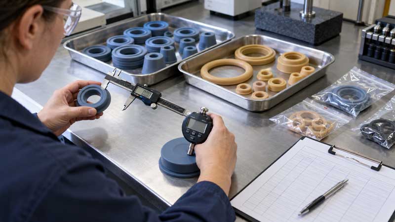 technician measures silicone and natural rubber parts